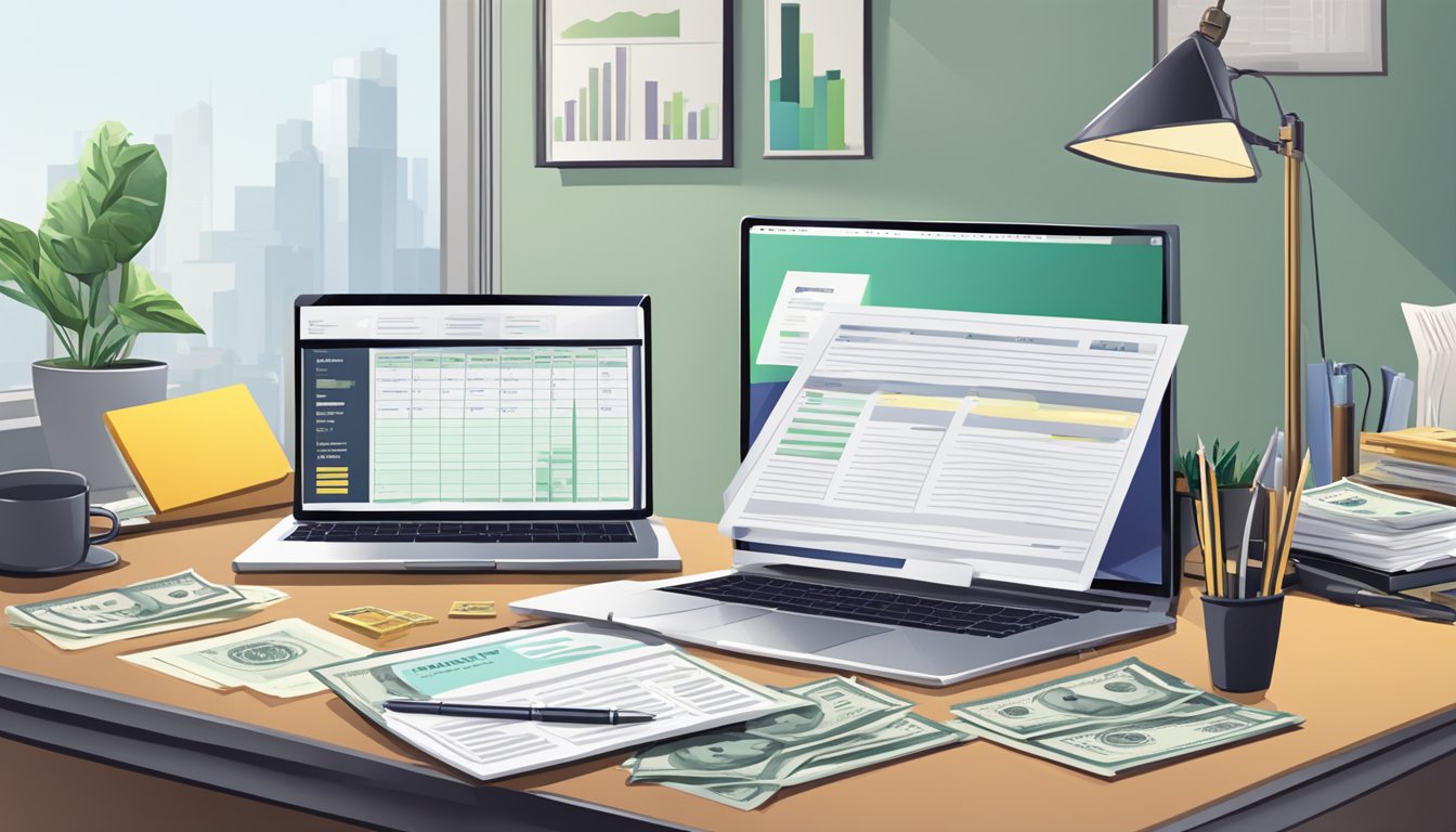 A sleek office desk with a laptop, financial reports, and a stack of cash. A framed business license hangs on the wall