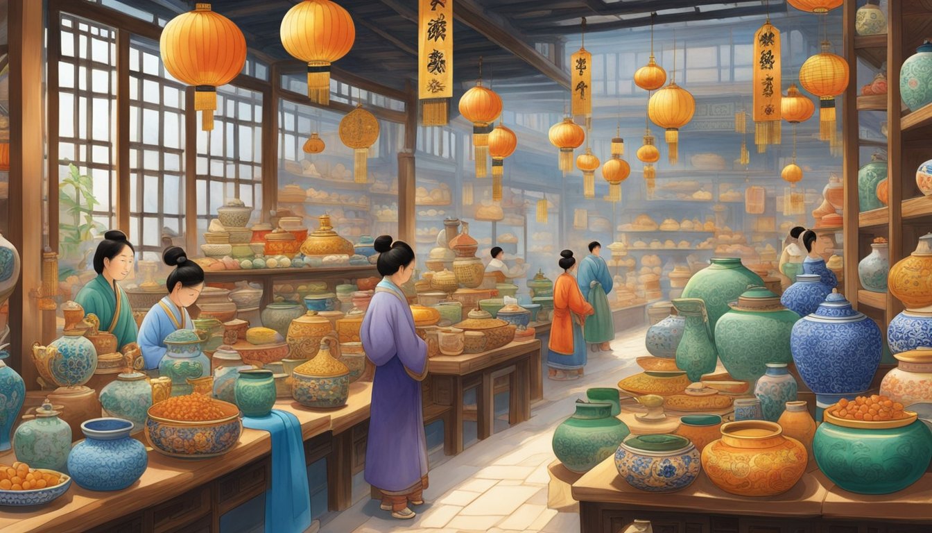 Colorful market stalls display traditional Chinese ceramics, silk fabrics, and intricate wood carvings. Teapots and calligraphy brushes are nestled among delicate porcelain figurines and ornate jade jewelry