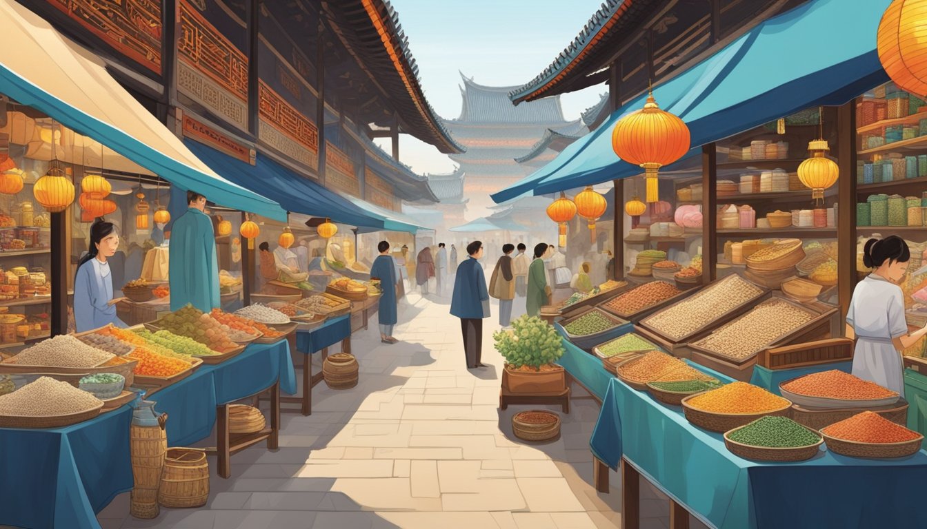 Vibrant market stalls display Chinese regional specialties and unique finds. From delicate porcelain to intricate silk embroidery, the 10 best things to buy in China are showcased in a bustling marketplace