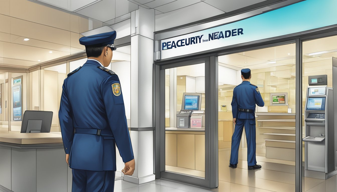 A security guard watches over the entrance of Peace Centre money lender in Singapore, ensuring safe transactions