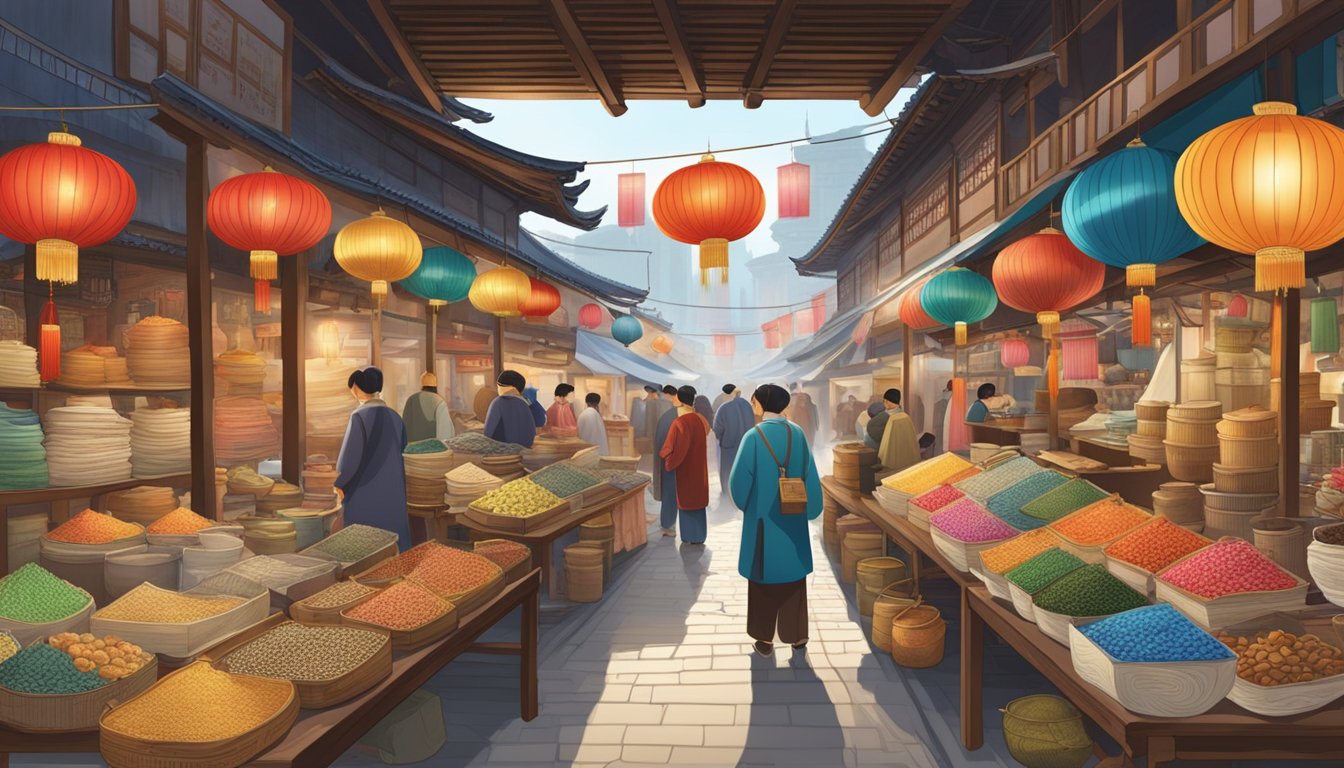 A bustling Chinese market with colorful stalls and various goods on display, including traditional crafts, tea sets, calligraphy brushes, and silk fabrics