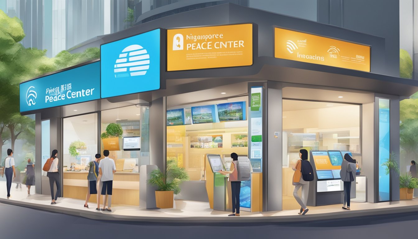 A modern, welcoming peace centre with digital displays and easy access for all. A money lender sign is visible in the bustling streets of Singapore