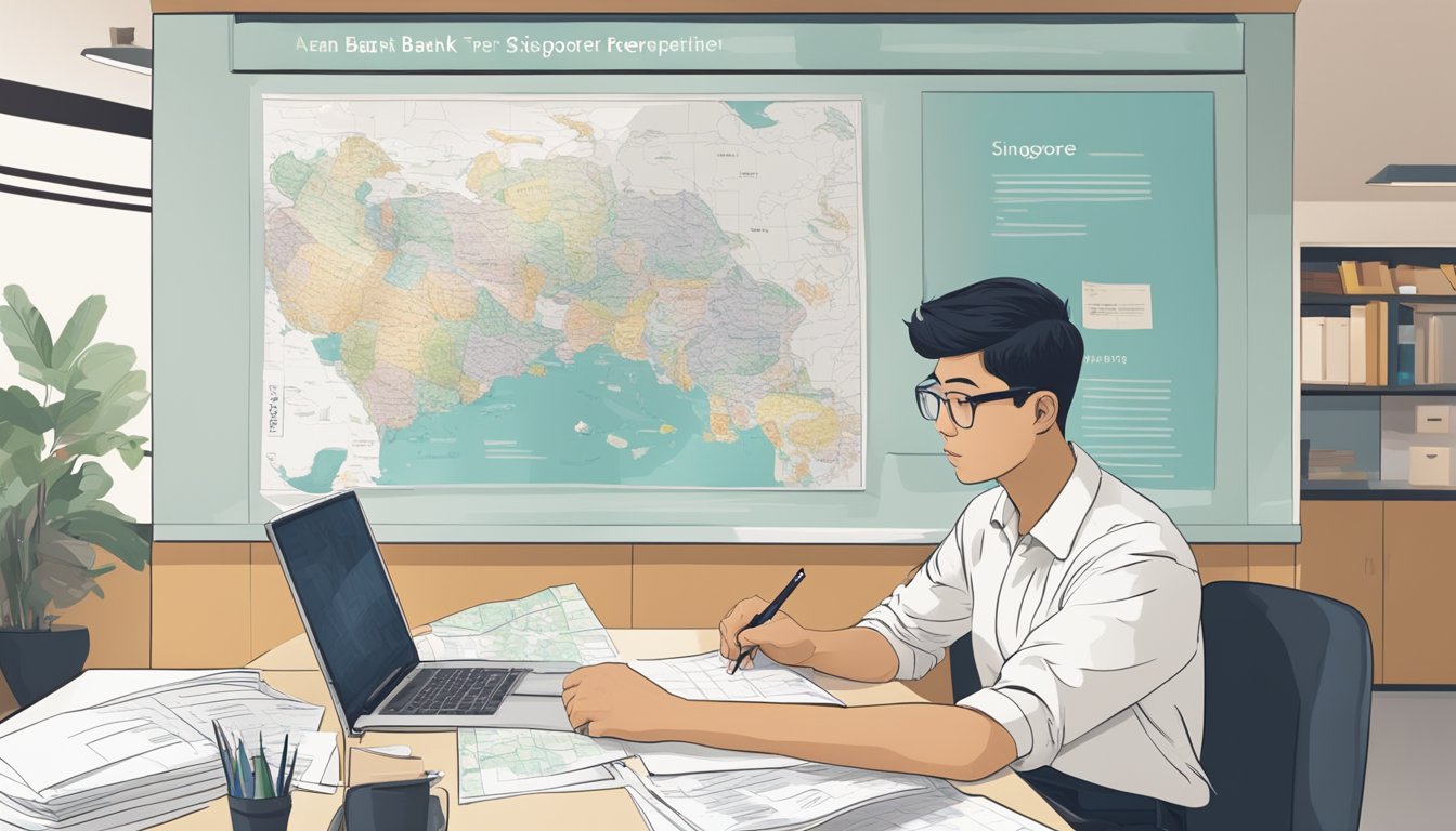 A student sits at a desk, filling out paperwork. A bank representative explains loan terms. A map of Singapore hangs on the wall