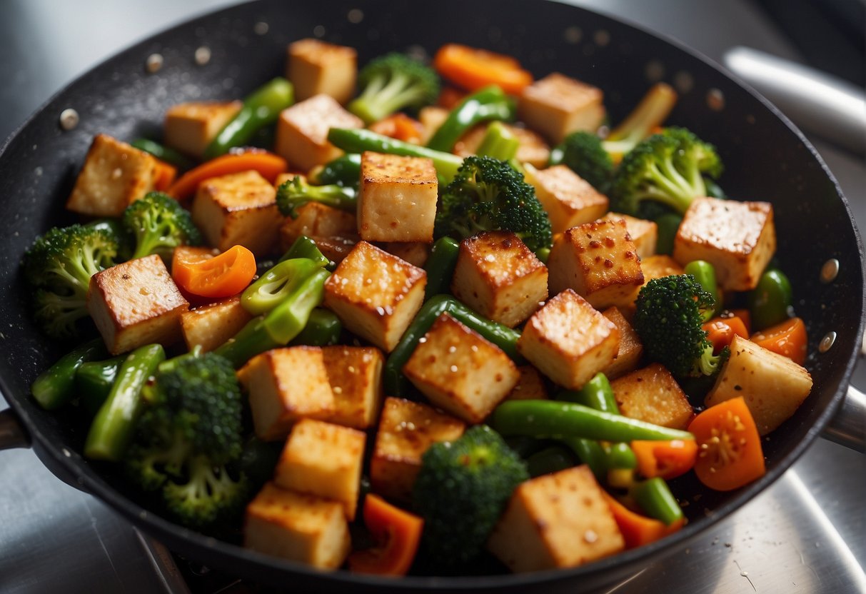 A chef stir-fries tofu with vegetables in a sizzling wok, adding soy sauce and ginger for a savory Chinese dish