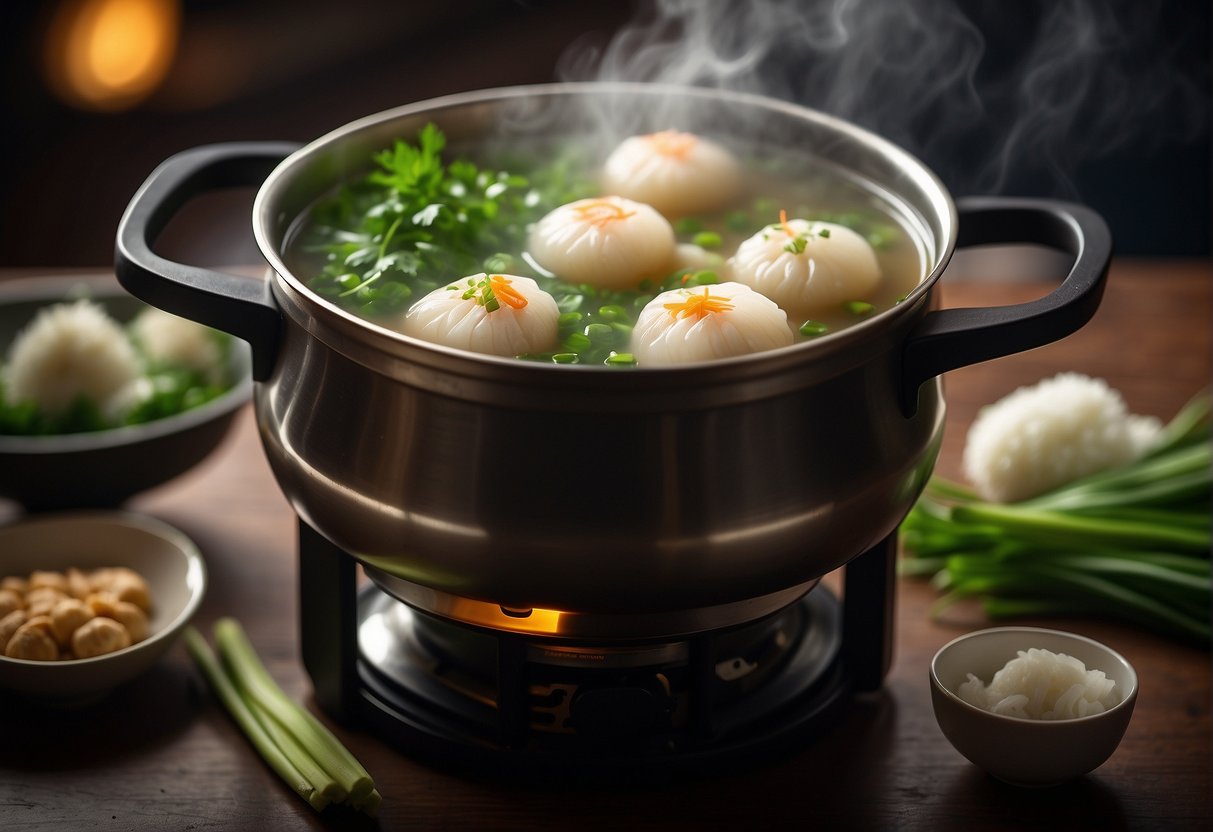 A pot of boiling soup with fish balls, green onions, and cilantro. Steam rises as chopsticks pick up a fish ball