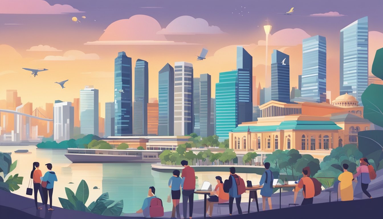 A bustling Singapore cityscape with prominent financial institutions and students exploring various education loan options