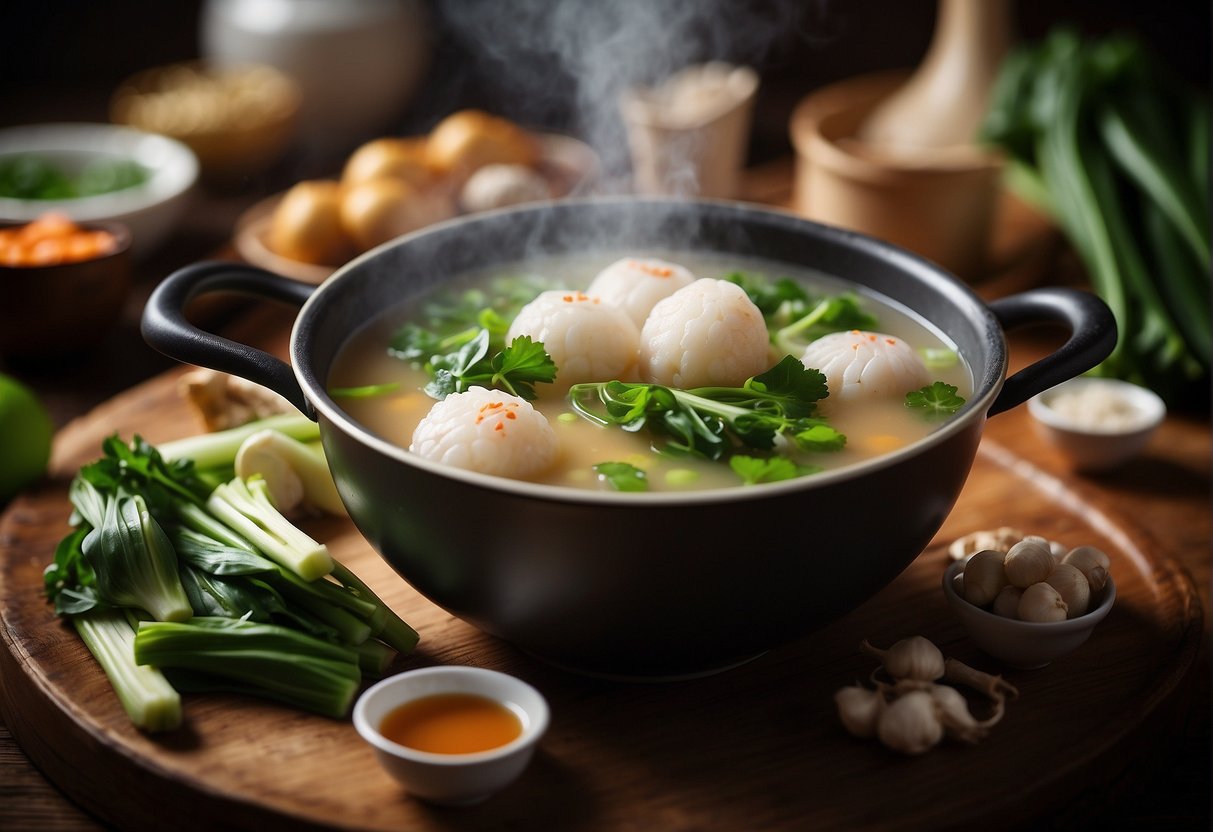 Steam rises from a bubbling pot of fish ball soup, surrounded by traditional Chinese ingredients like ginger, scallions, and bok choy