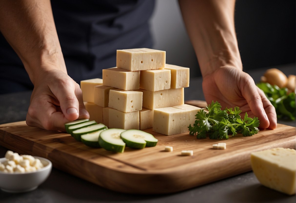 A hand reaches for a block of firm tofu on a cutting board. It is being sliced into cubes for a Chinese tofu recipe