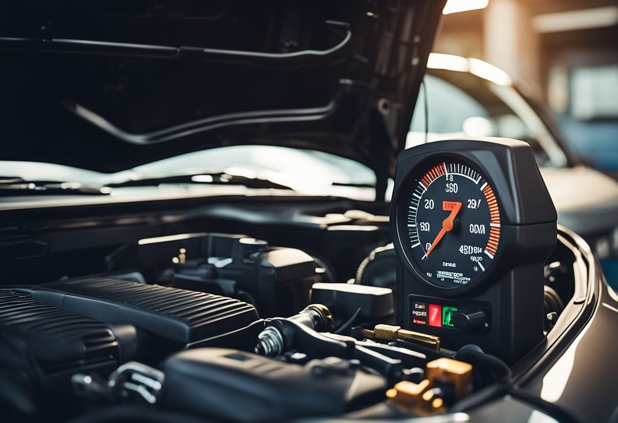 The car's check engine light flashes then stops, indicating a potential issue. The vehicle sits parked, surrounded by a mechanic's tools and diagnostic equipment