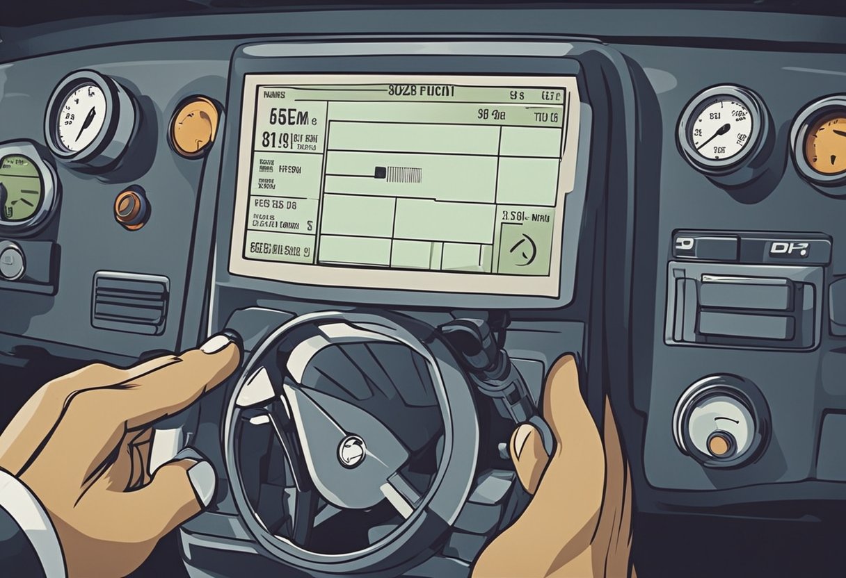 The car's check engine light flashes, then stops. A diagnostic tool is plugged into the car's port, and the technician examines the readings