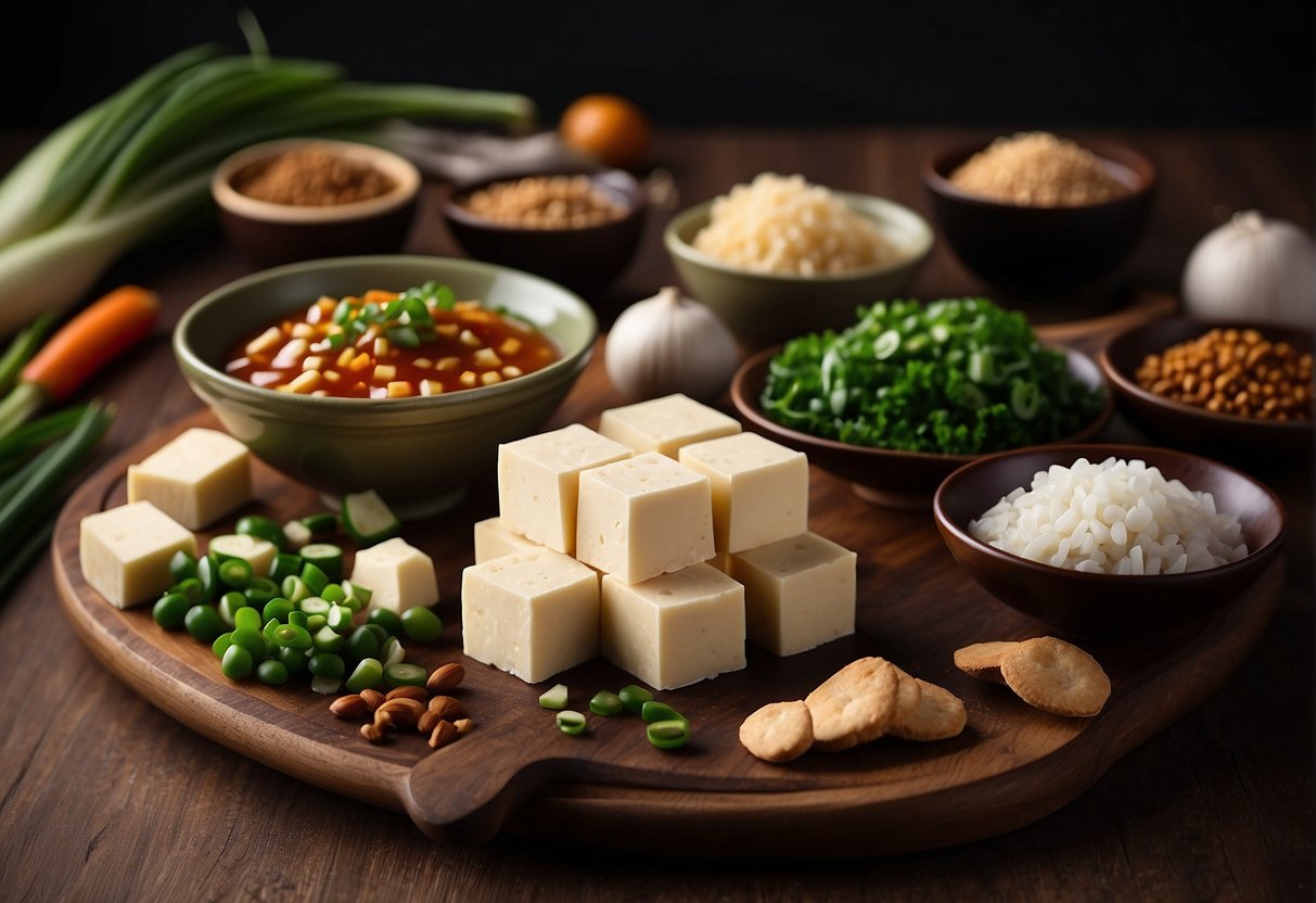 A table set with various ingredients for classic Chinese tofu recipes, including firm tofu, soy sauce, ginger, and green onions
