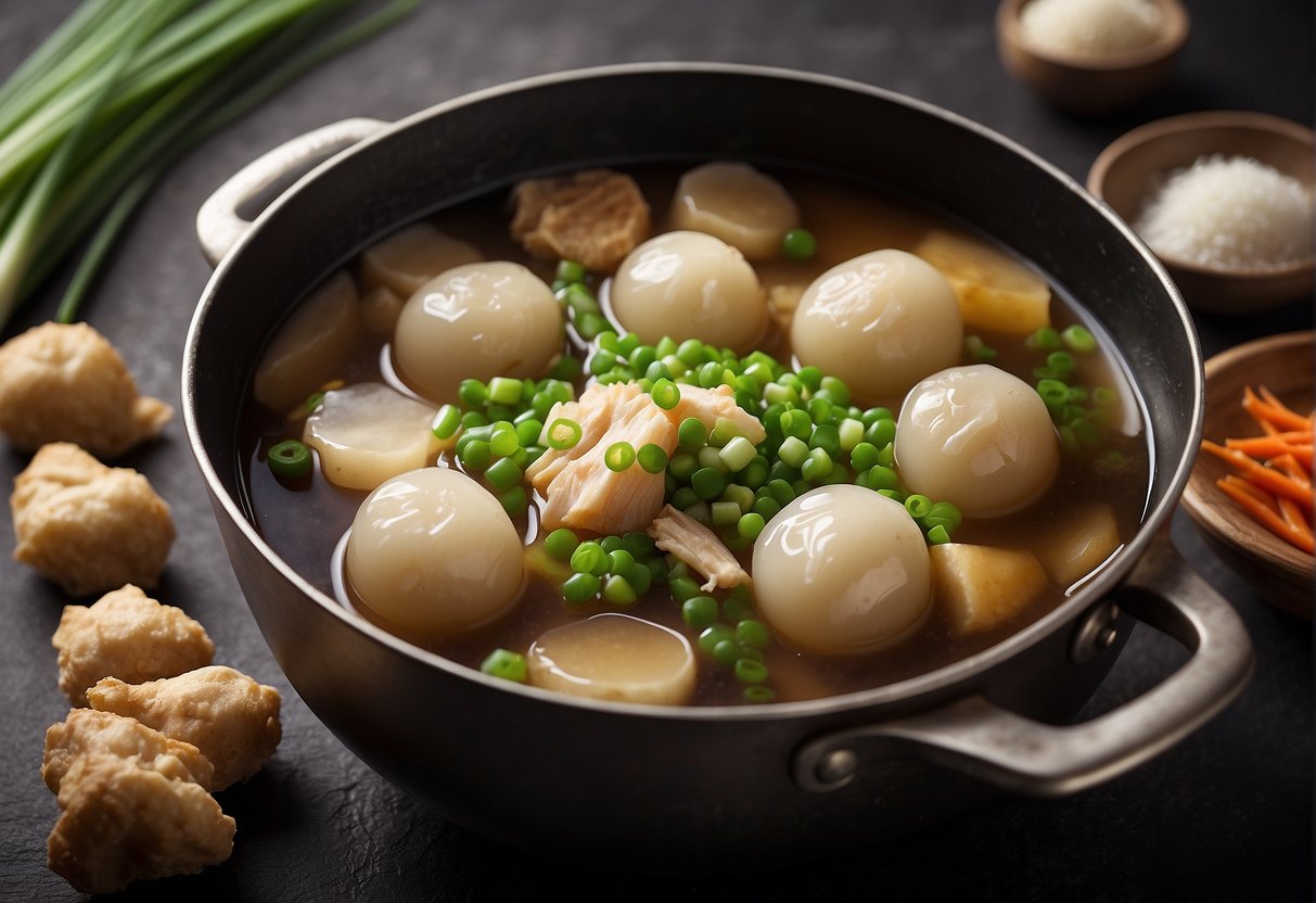 A pot of boiling broth with fish balls, ginger, and green onions. Ingredients like soy sauce and sesame oil are nearby