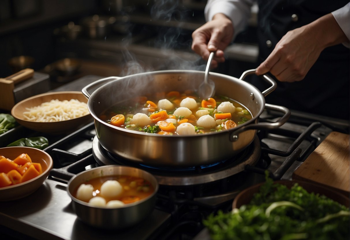 A pot simmers on a stove. A chef drops fish balls into the bubbling broth. Chopped vegetables and aromatic spices surround the pot