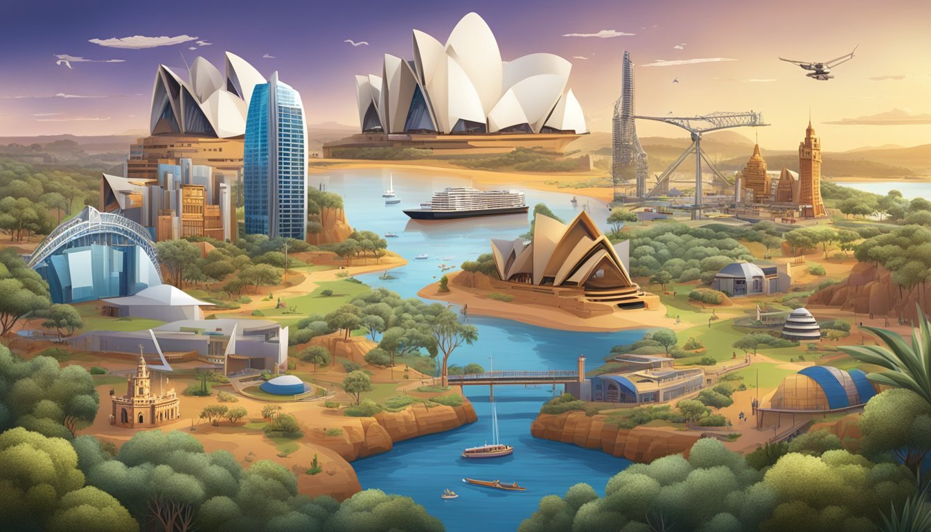 A landscape with iconic Australian landmarks and symbols, surrounded by thriving industries and innovative technologies, representing the most valuable brands in Australia