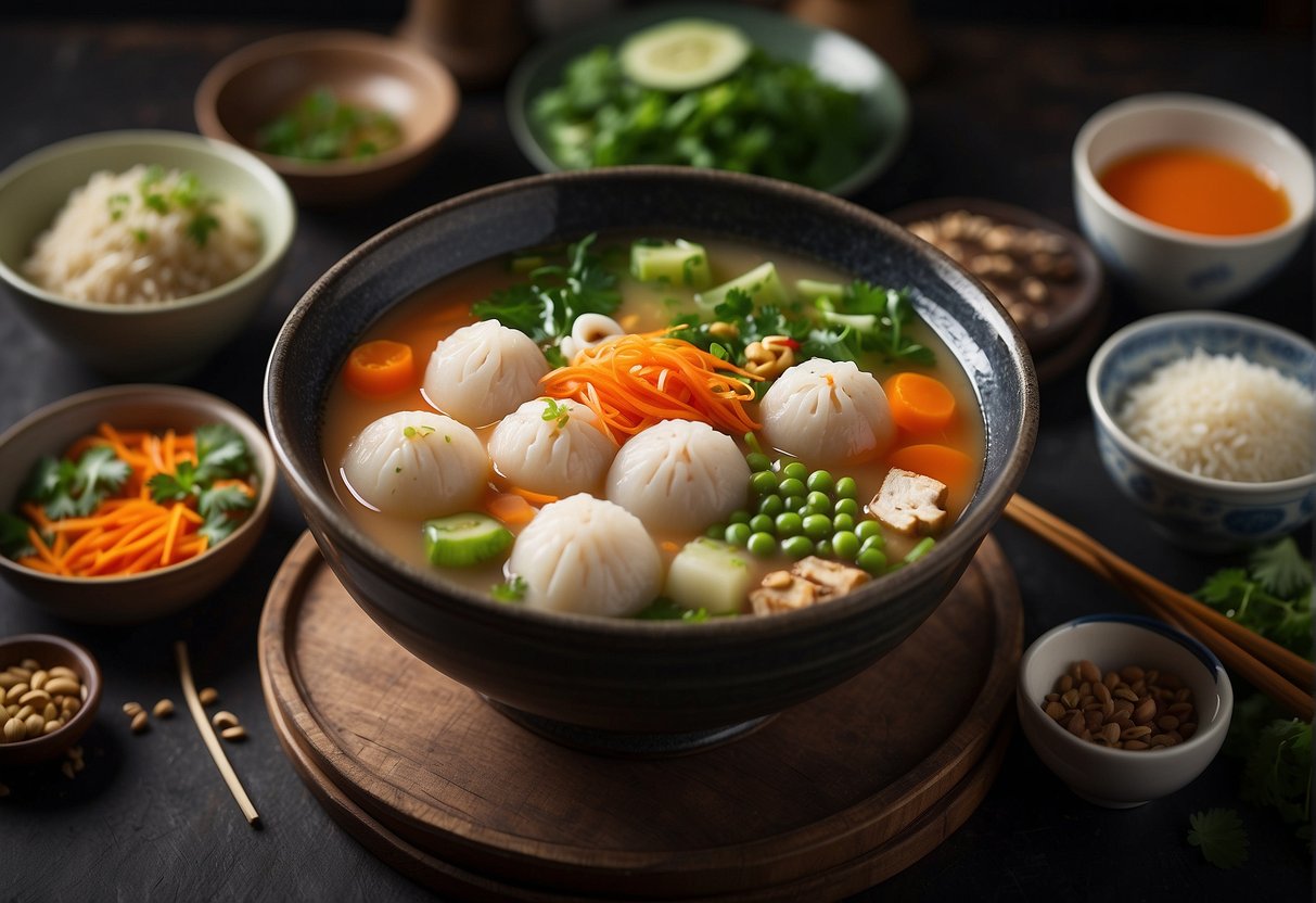 A steaming bowl of fish ball soup surrounded by various toppings and a pair of chopsticks resting on the side