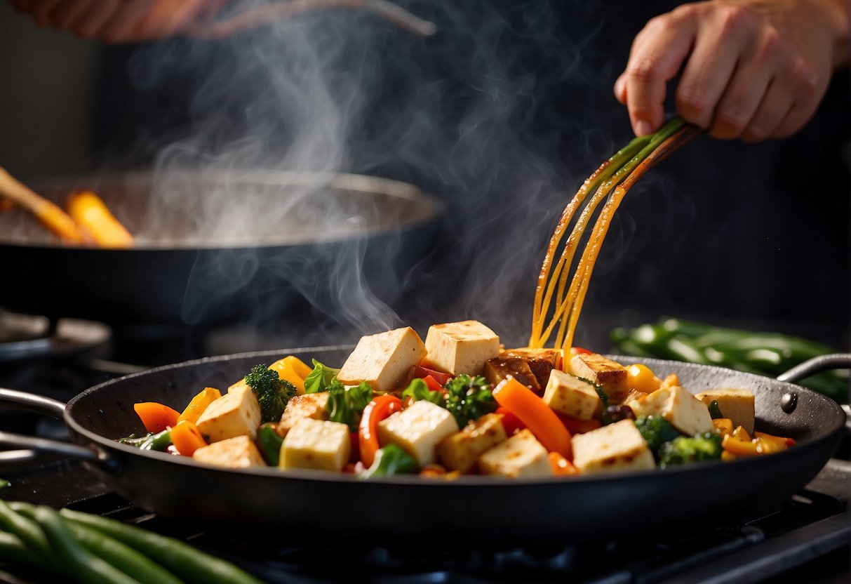 Tofu sizzling in a hot wok, surrounded by colorful vegetables and aromatic spices, as the chef expertly tosses and stirs the ingredients with precision