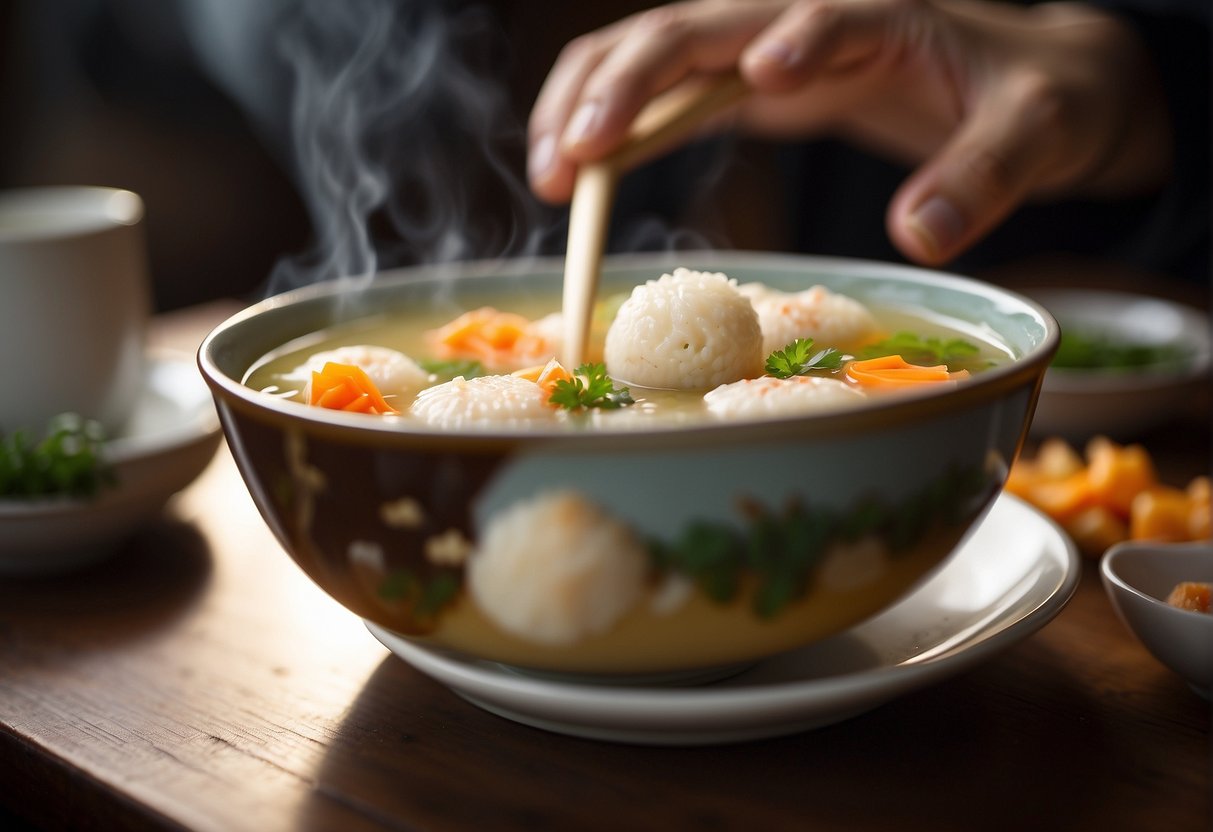 A steaming bowl of fish ball soup is being served on a wooden table, with chopsticks resting next to it. A person is seen enjoying the soup in the background