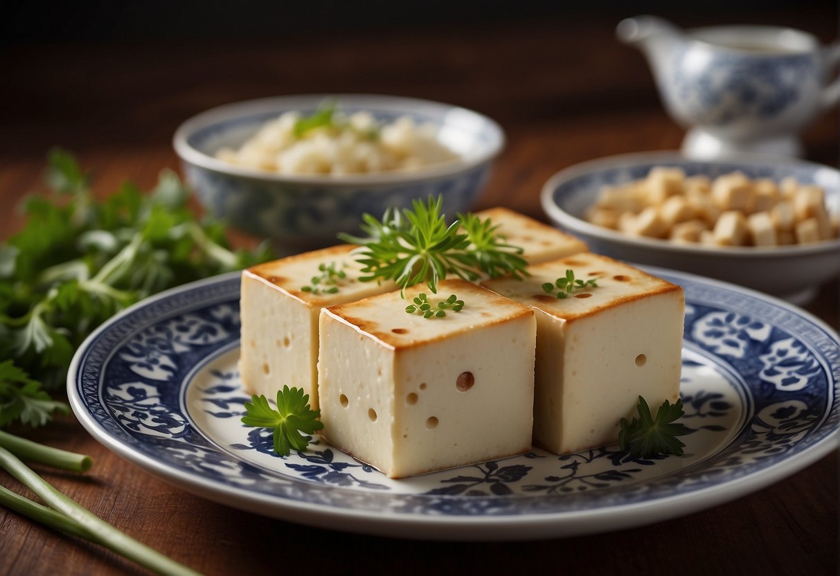 Firm tofu arranged in a traditional Chinese serving dish, garnished with fresh herbs and presented on a decorative platter