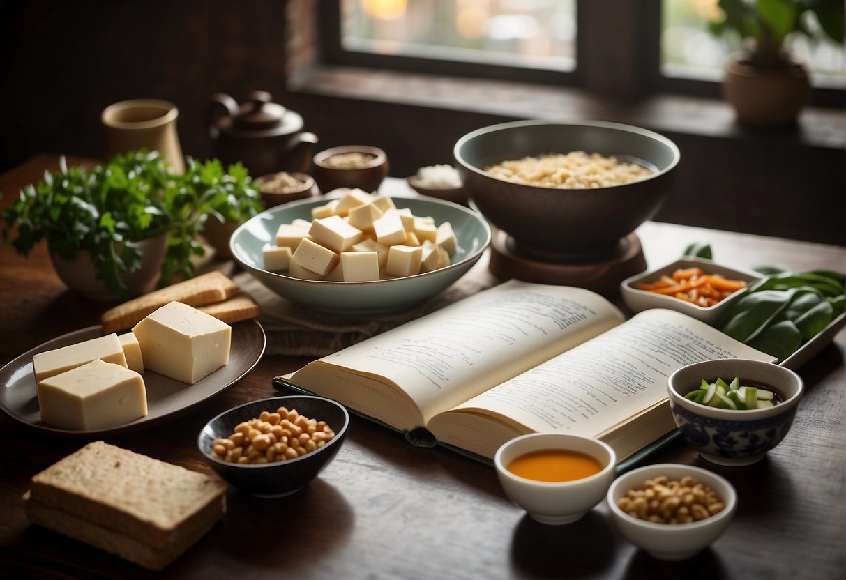 A table with various Chinese ingredients and a bowl of firm tofu, surrounded by recipe books and a laptop displaying "Frequently Asked Questions" about tofu recipes