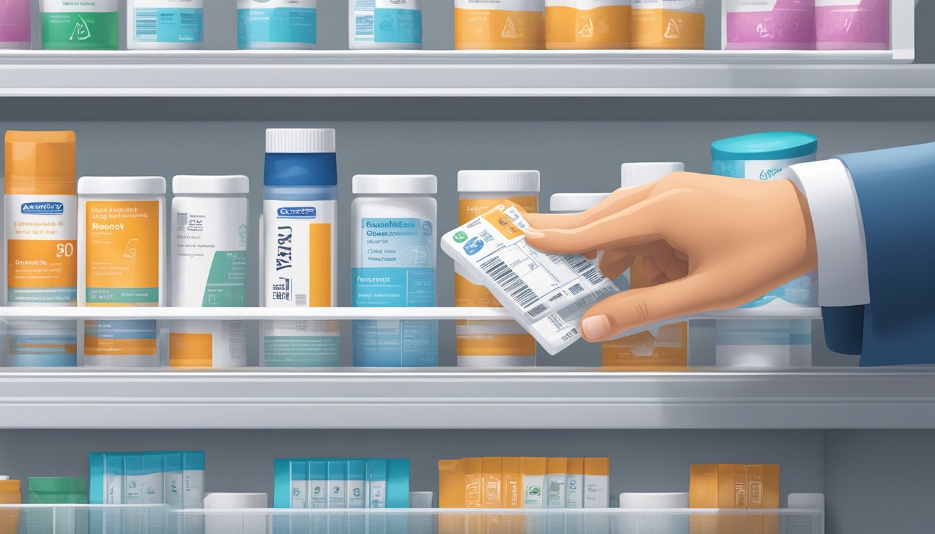 A hand reaches for a blister pack of Alprax tablets on a pharmacy shelf, with a prescription slip nearby