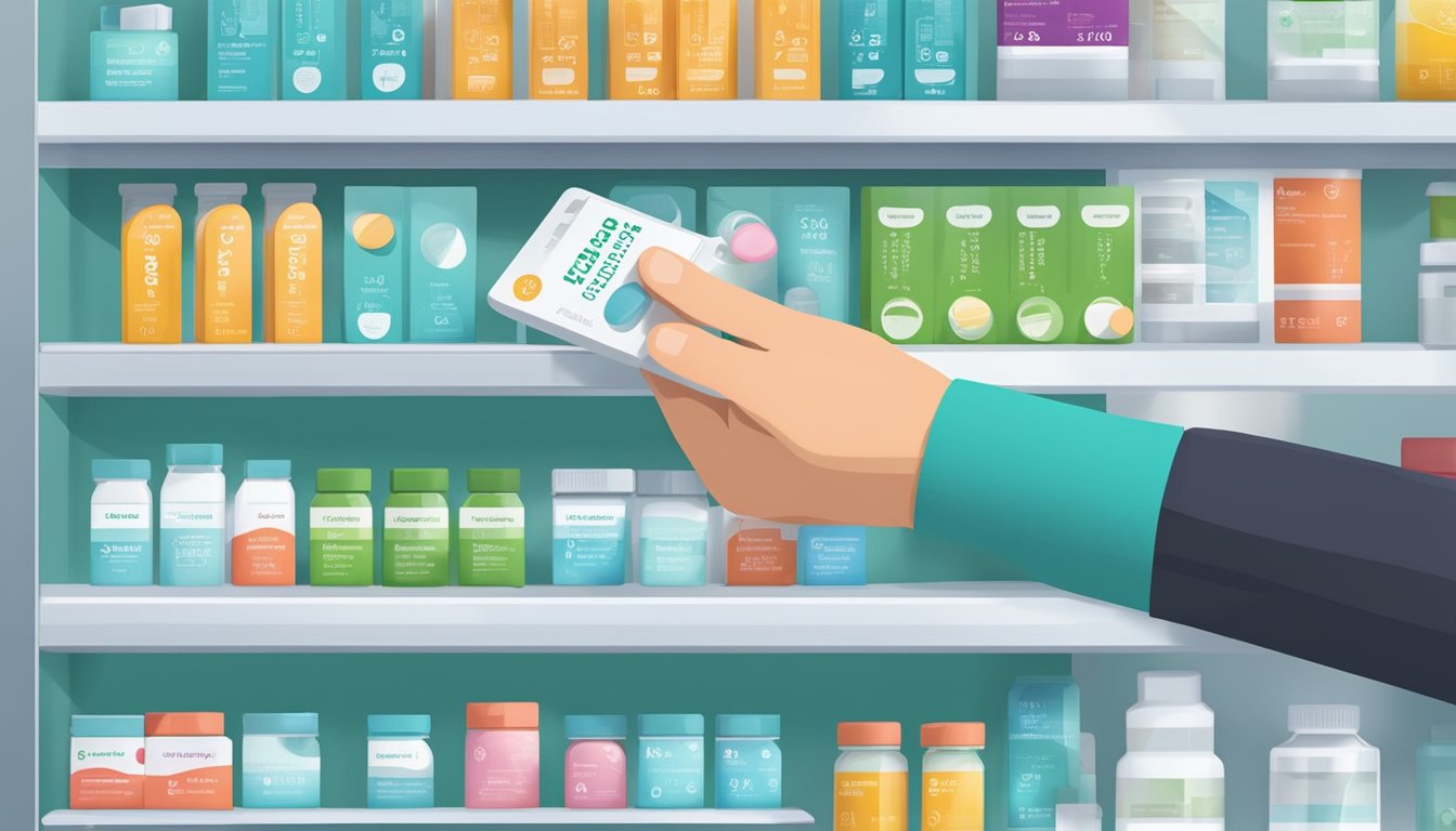 A hand reaches for a blister pack of alprax tablets on a pharmacy shelf, with a cautionary label and interaction information displayed nearby
