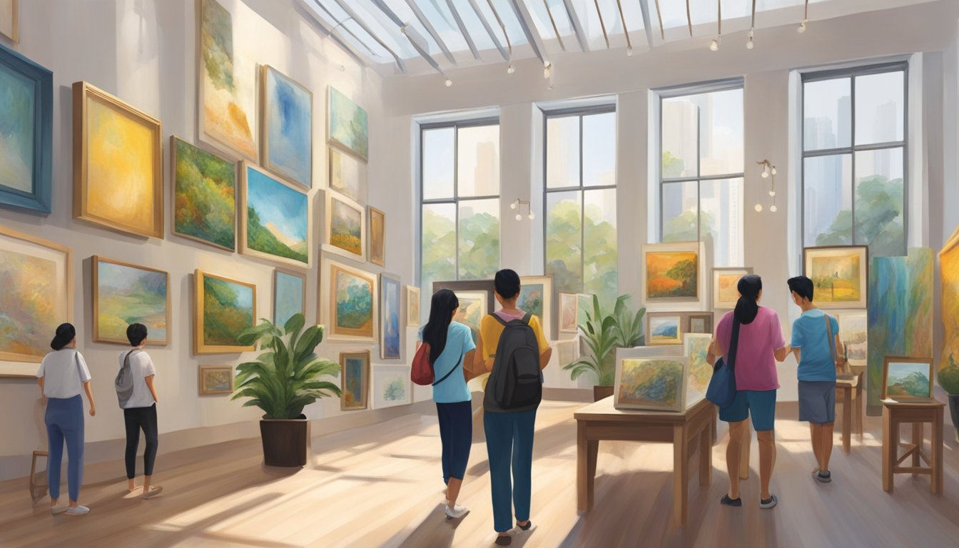 An art gallery in Singapore displays vibrant paintings and sculptures, with natural light streaming through large windows. People browse and admire the diverse collection