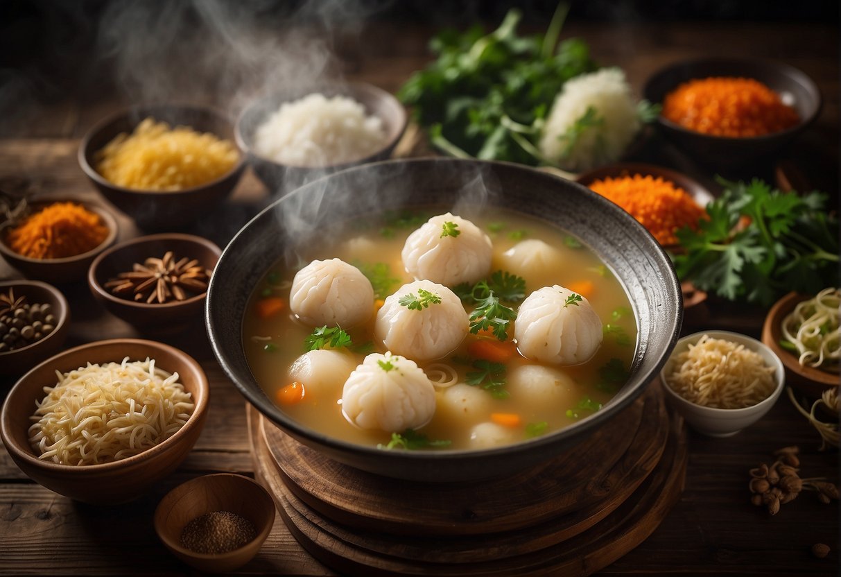 A steaming bowl of fish ball soup sits on a wooden table, surrounded by traditional Chinese spices and ingredients