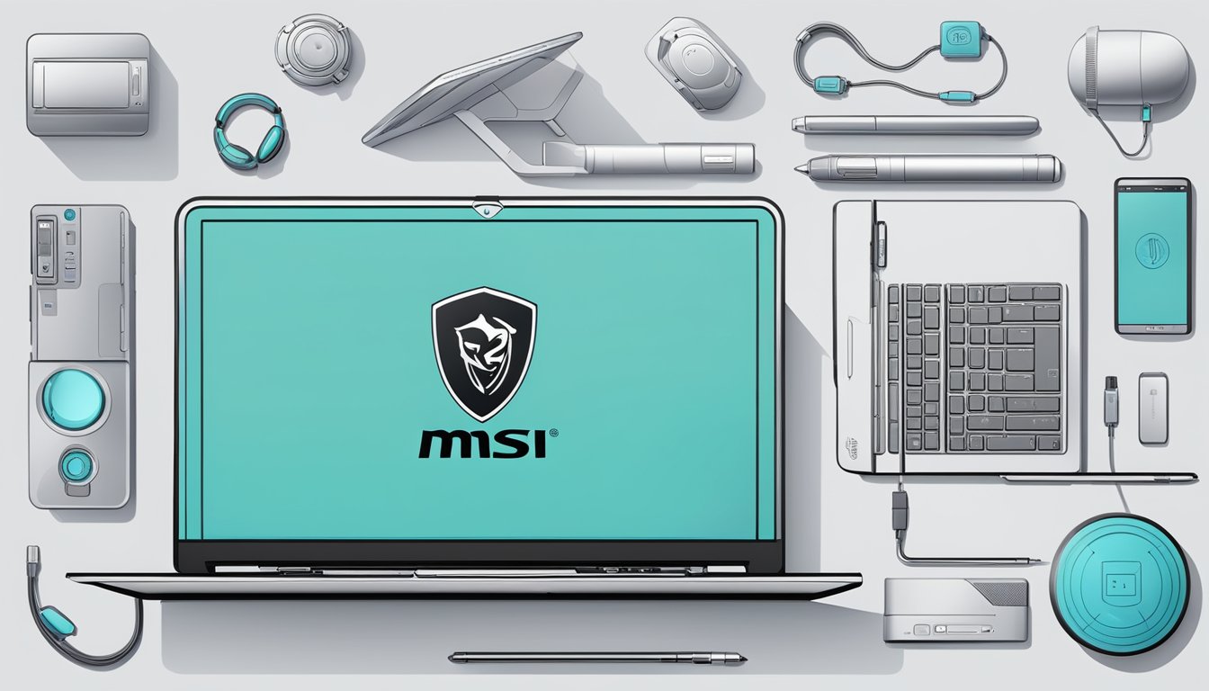 A sleek laptop with the MSI brand logo prominently displayed on the screen, surrounded by high-tech accessories and futuristic design elements