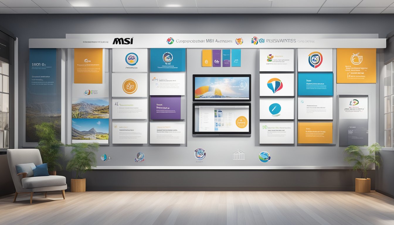 A wall displaying MSI's corporate achievements and vision, with the brand logo prominently featured