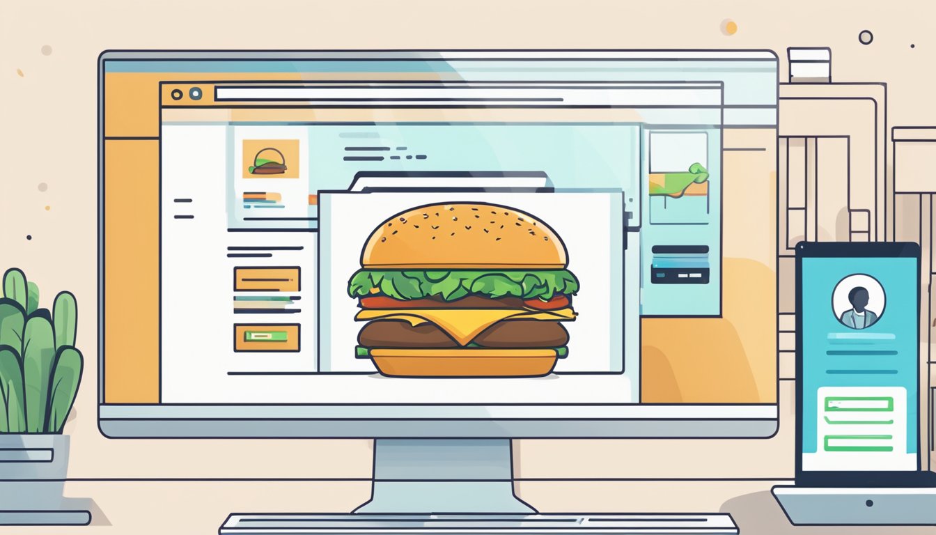 A computer screen shows a burger bun being purchased online with a "buy now" button highlighted