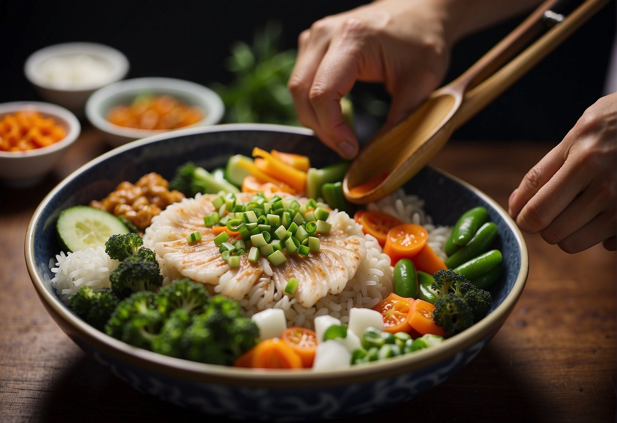 A hand mixing fish, seasoning, and vegetables in a bowl for a Chinese fish cake recipe