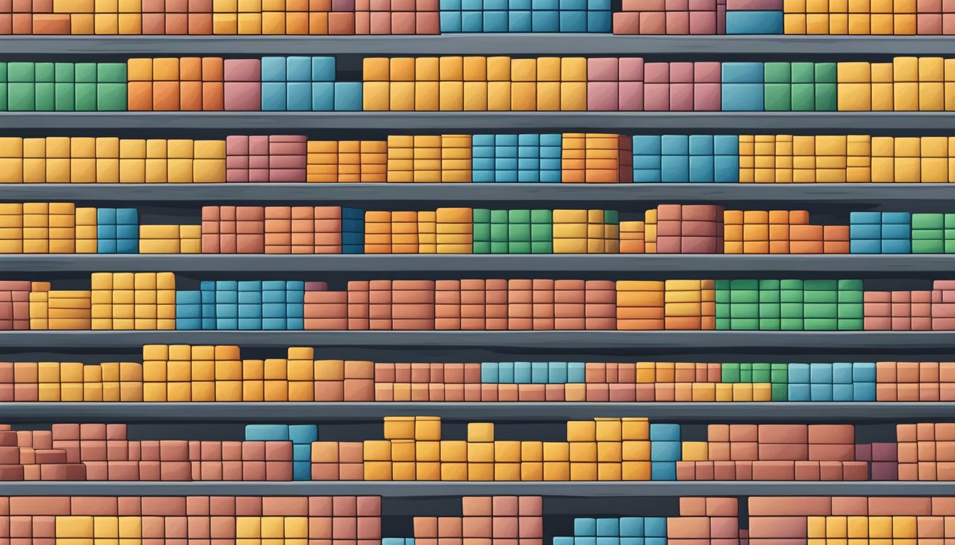 A brick store in Singapore with neatly stacked rows of various colored bricks on display, set against a clean and organized backdrop