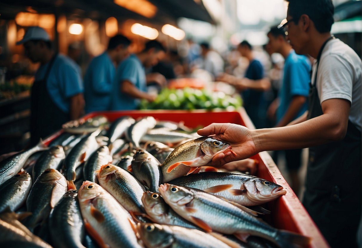 A hand reaching for a fresh whole fish at a bustling Chinese fish market, surrounded by vibrant seafood and bustling activity