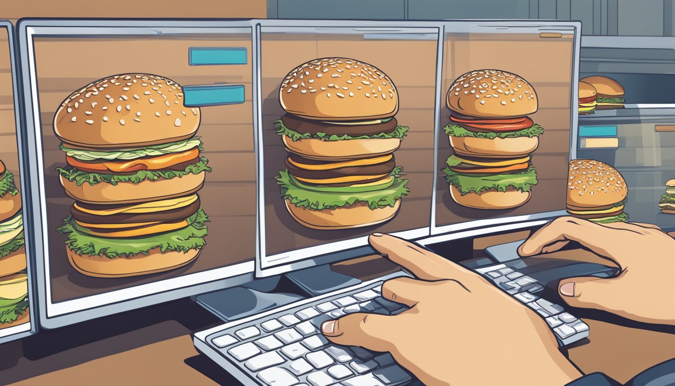 A hand reaches for a variety of burger buns displayed on a computer screen with a "buy online" button