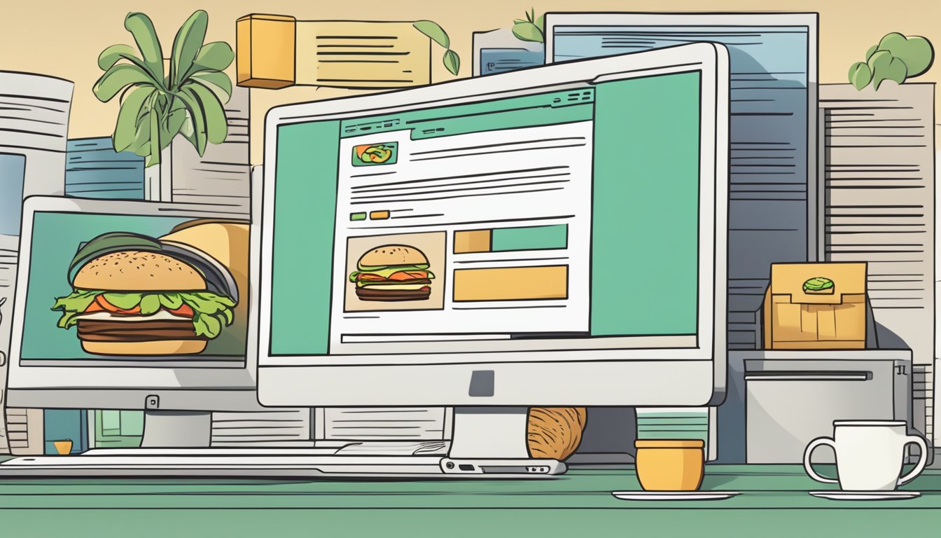 A computer screen displaying a webpage with the title "Frequently Asked Questions" and a burger bun with a "buy online" button