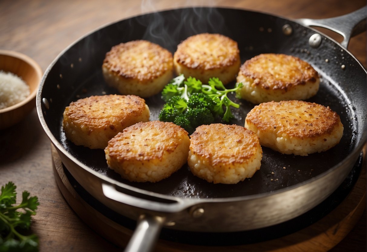 Fish cake mixture being seasoned with soy sauce and ginger, then shaped into patties and fried in a hot skillet