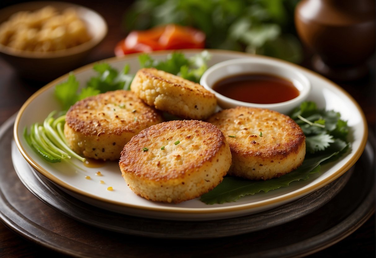 A platter of golden brown fish cakes arranged with garnishes and dipping sauce on a traditional Chinese serving dish
