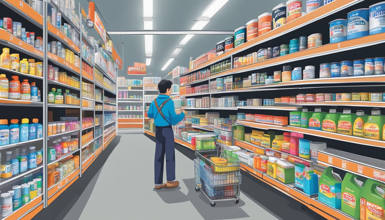 A bustling hardware store with shelves stocked with various Nippon paint products, signage advertising discounted prices, and customers browsing for cheap deals