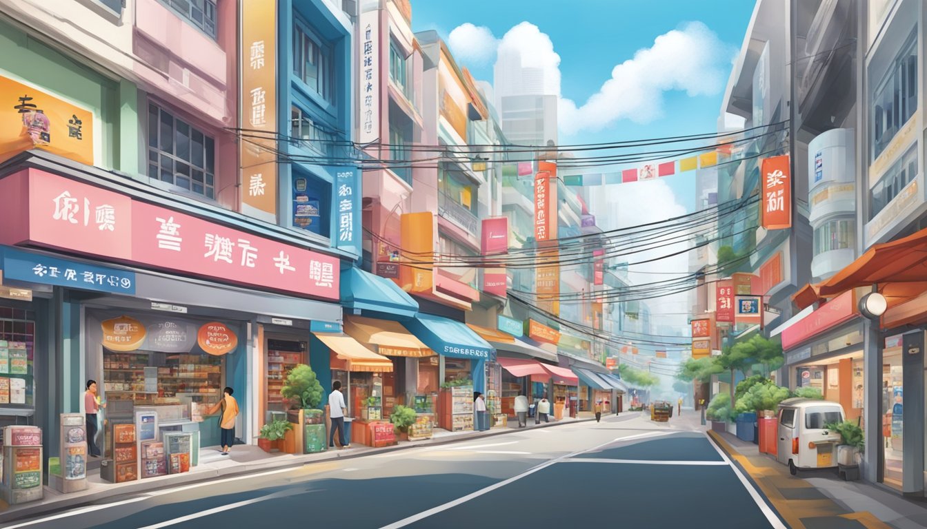 A bustling street in Singapore with colorful Nippon Paint storefronts and signage, showcasing affordable options for customers