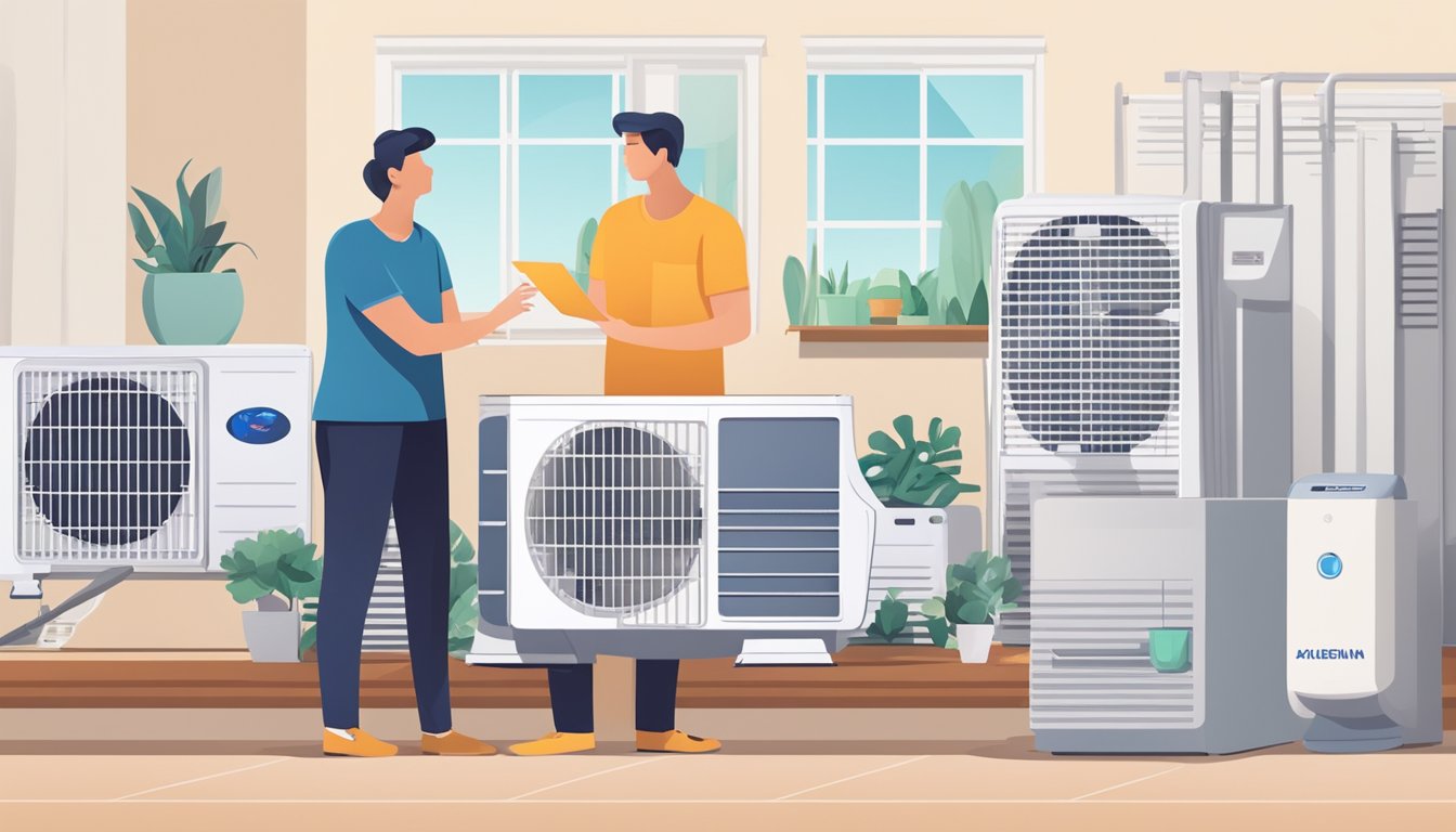 A person comparing different air conditioners online, surrounded by various models and specifications