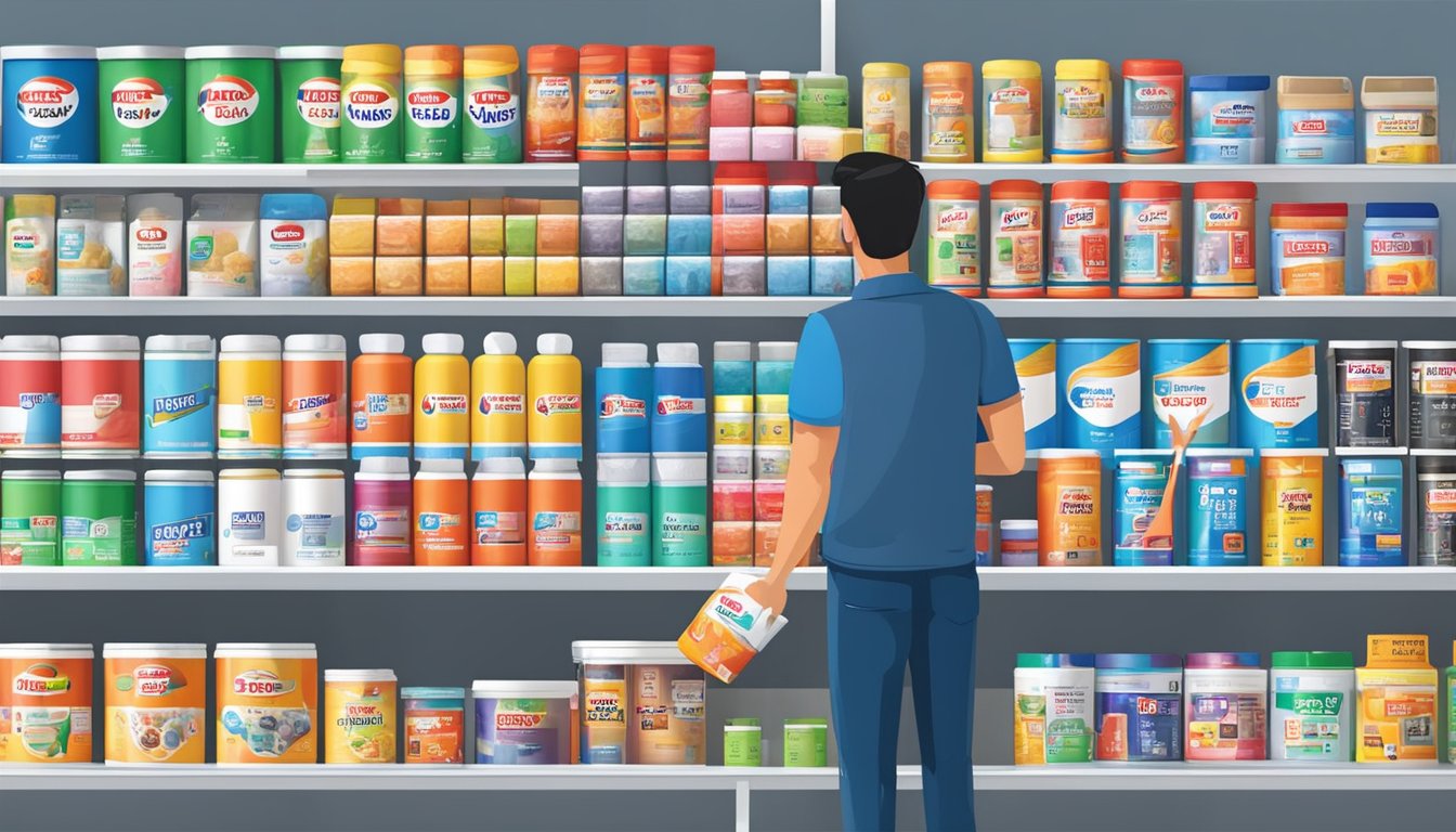 A customer browsing through various Nippon paint products on shelves at a store in Singapore, comparing prices and reading product labels