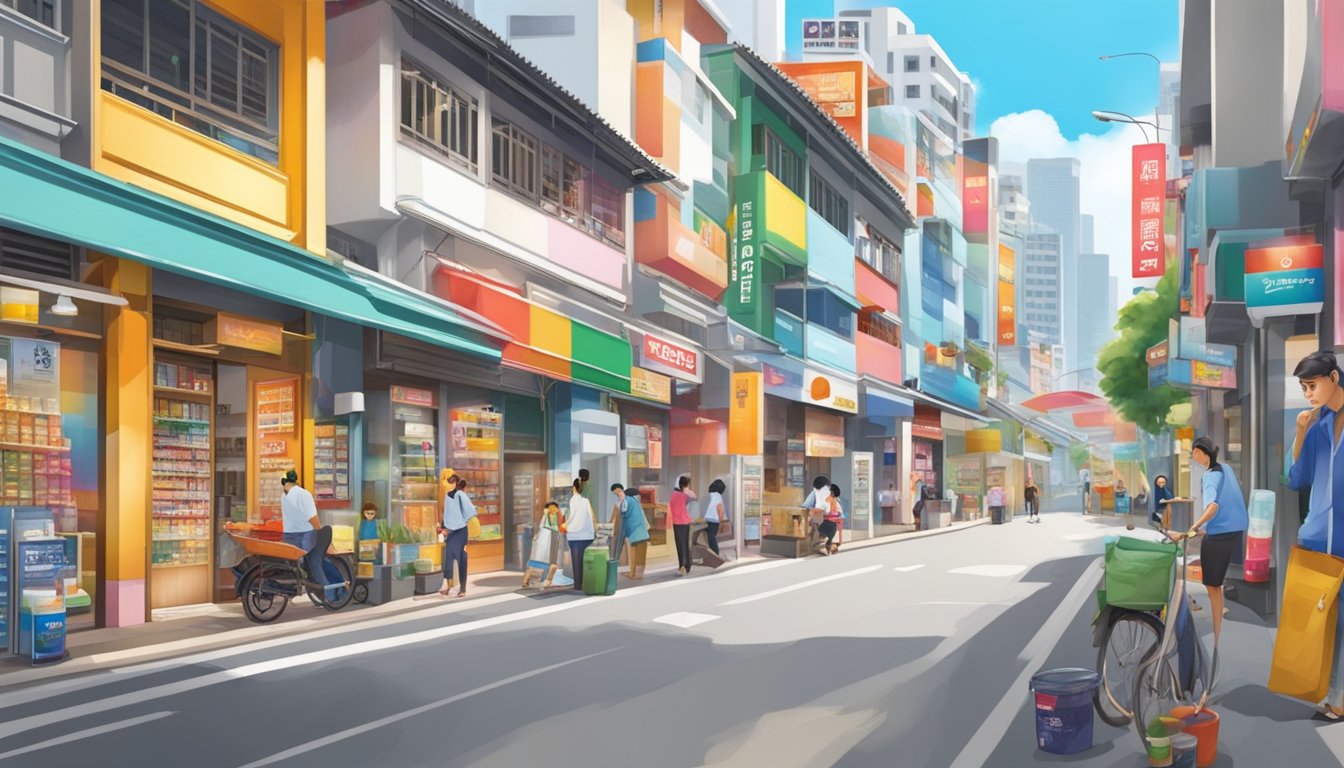 A bustling Singapore street with colorful paint stores and prominent Nippon Paint signage. Customers inquire about affordable options