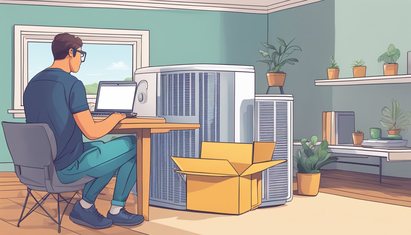 A person clicks "buy" on a laptop, then unboxes and installs an air conditioner in a room
