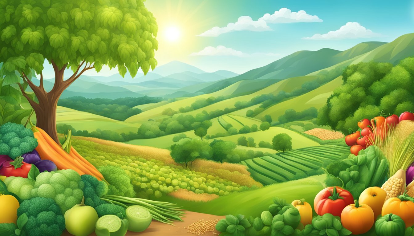 A lush green landscape with ripe fruits, vibrant vegetables, and healthy grains growing abundantly under the warm sun