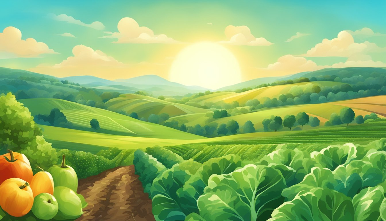 Lush green fields with vibrant fruits and vegetables growing. A clear blue sky with the sun shining down on the bountiful harvest