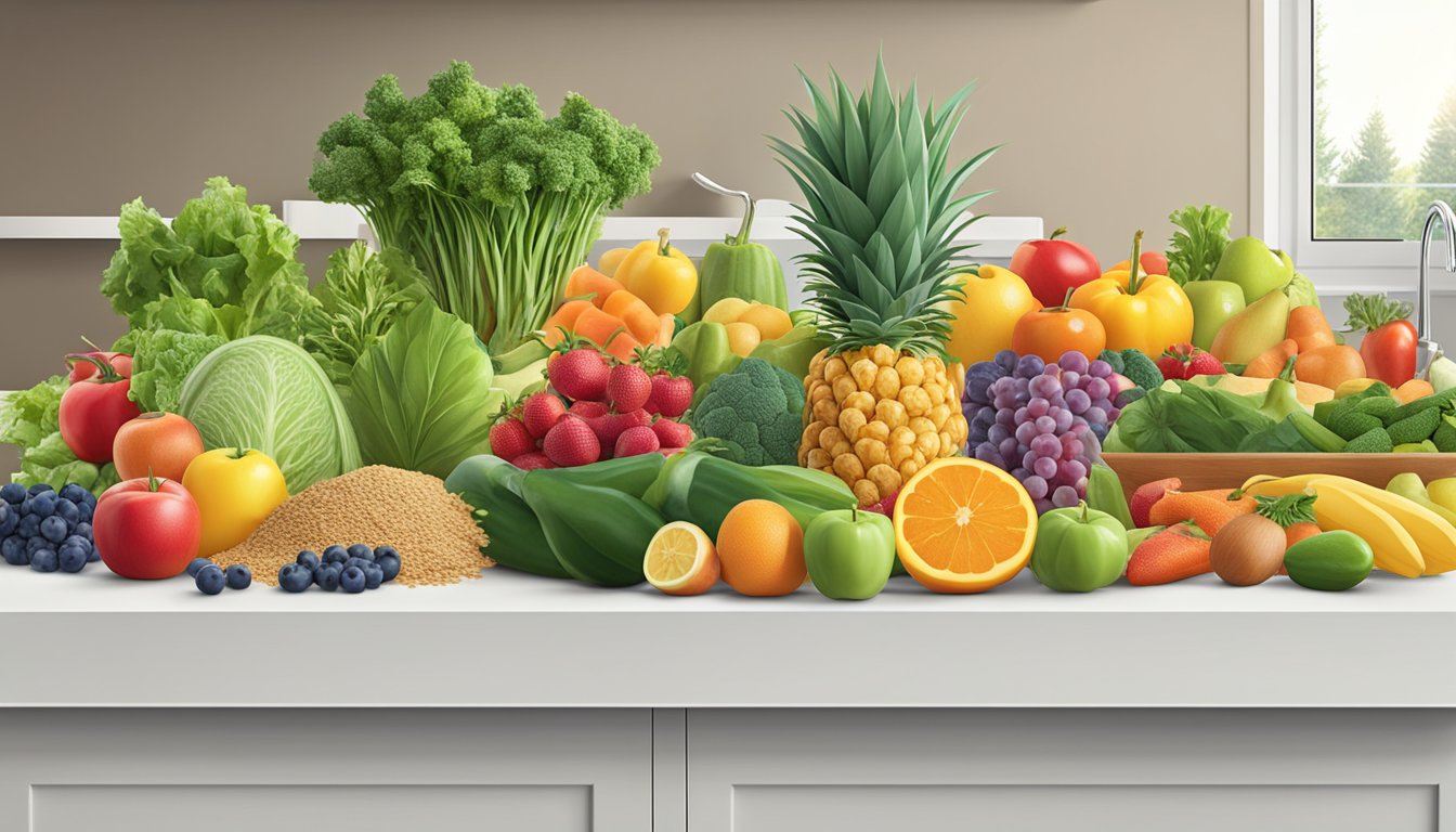 A colorful array of fruits, vegetables, and whole grains displayed on a clean, modern countertop, with the "Frequently Asked Questions" logo prominently featured in the background