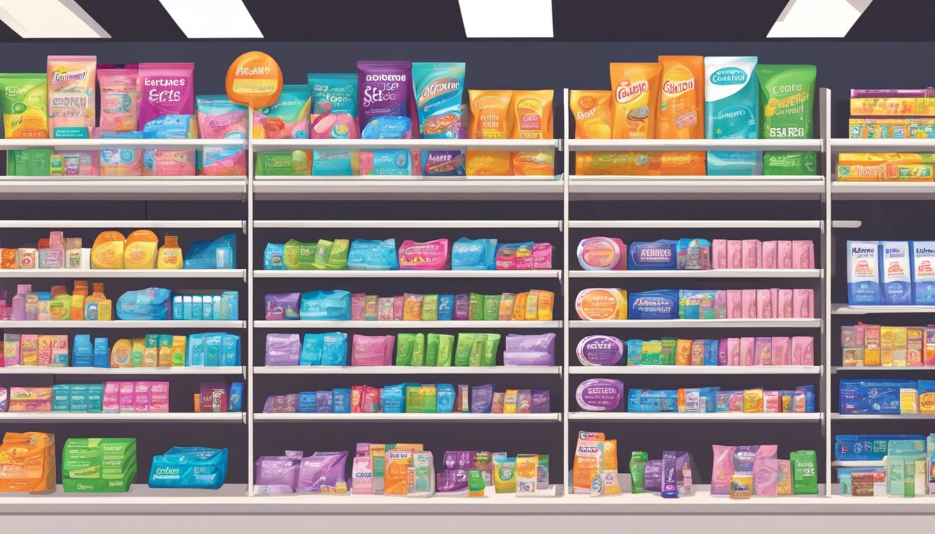 A brightly lit pharmacy shelf displays various brands of condoms in Singapore. A sign above reads "Contraceptives" in bold letters