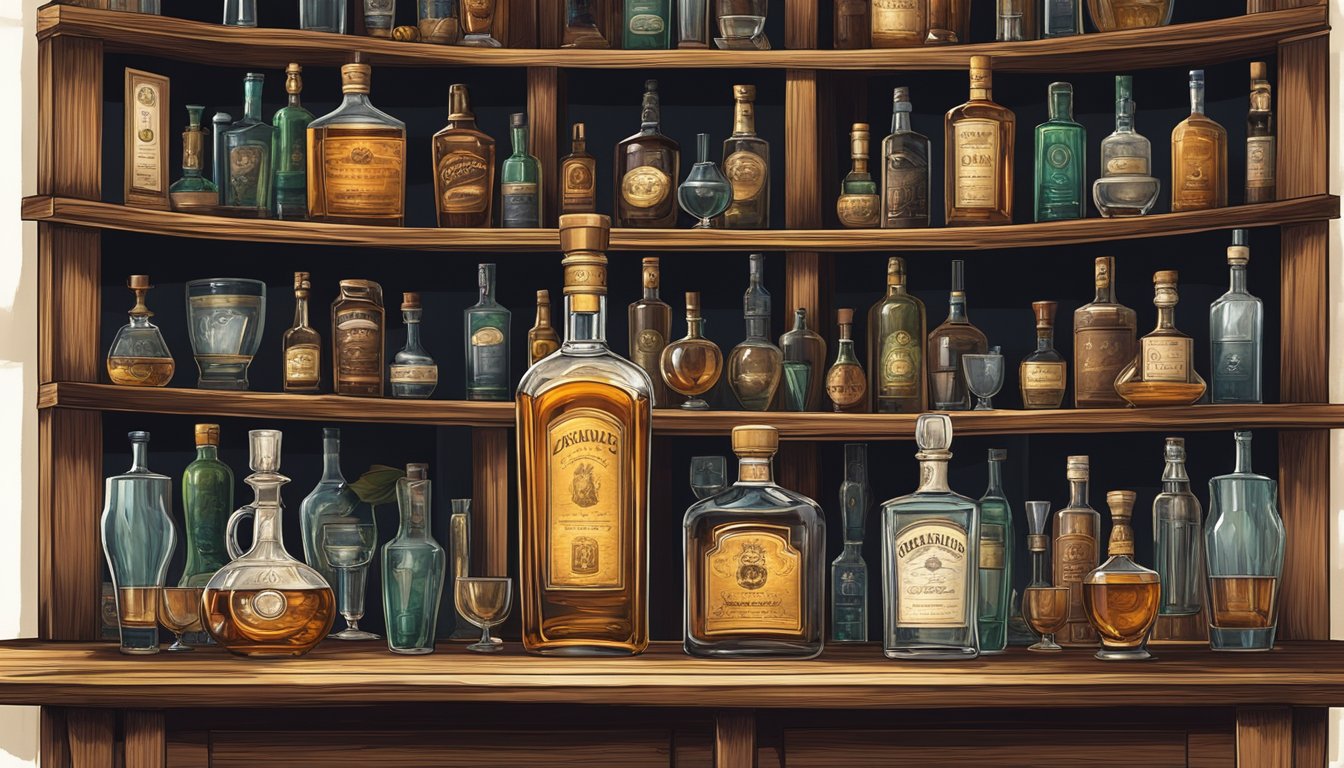 A vintage liquor bottle sits on a polished wooden table, surrounded by elegant glassware and a backdrop of shelves filled with other rare and aged spirits