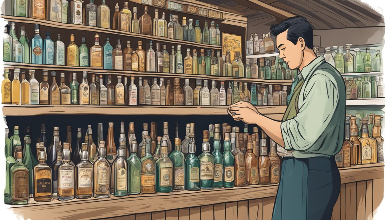 A customer browsing vintage liquor bottles at a Singapore market stall