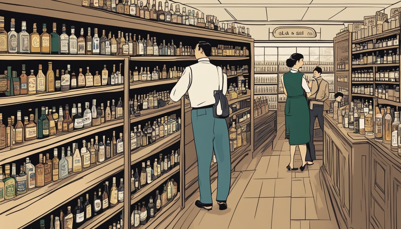 Customers browsing shelves of vintage liquor bottles in a Singaporean store, with a sign reading "Frequently Asked Questions: buy and sell old liquor."